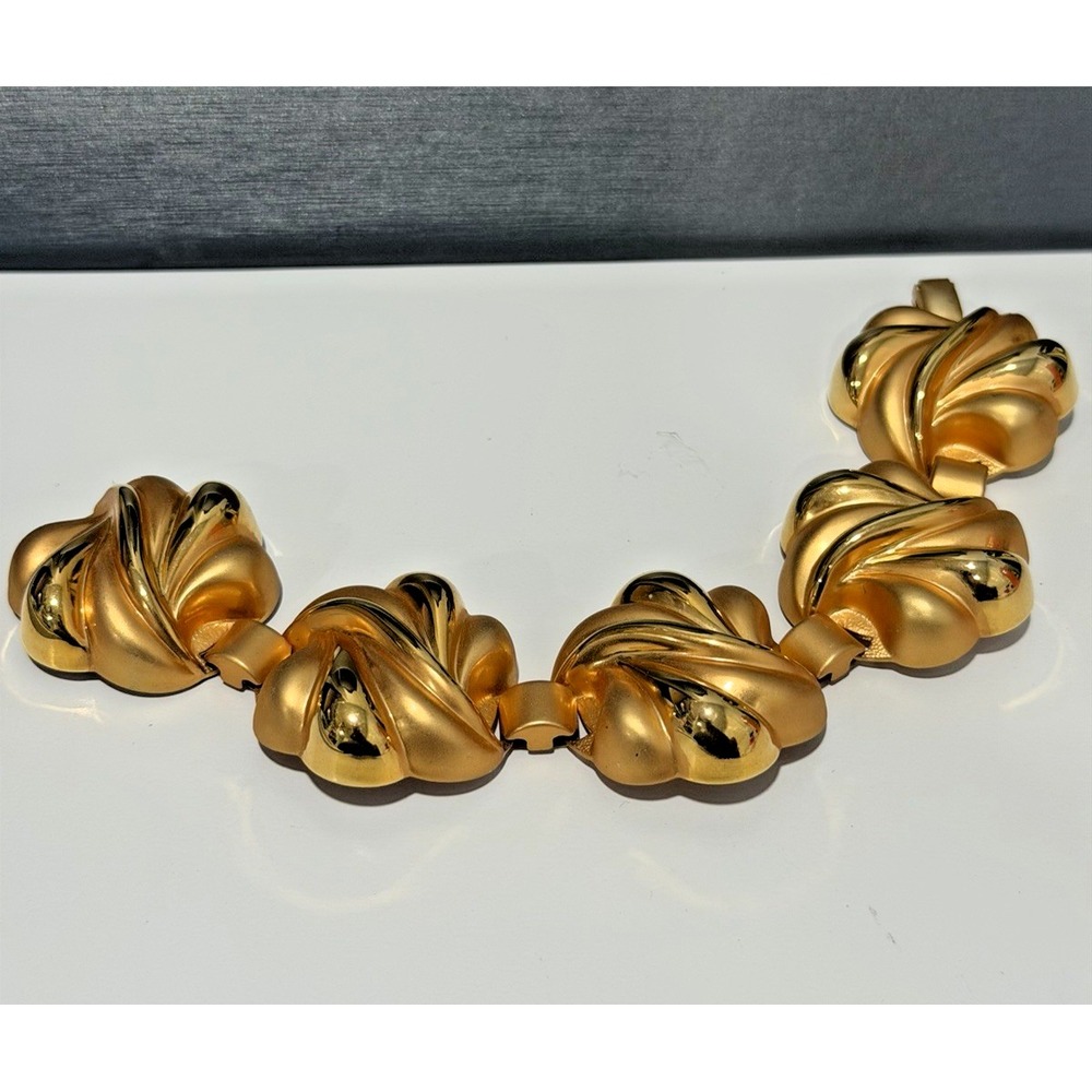 Chunky Gold Tone Statement Bracelet High Polish Matte Swirl Links Statement